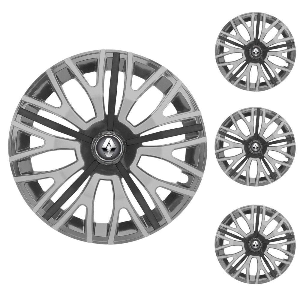 Jogo Calota Aro 13 Triton Sport Graphite Silver Black Elitte Preto Prata Grafite + Emblema Resinado Renault (Sandero Logan Clio Scenic Megane Kwid)