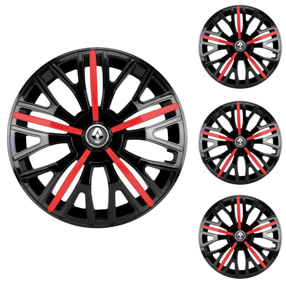 Jogo Calota Aro 14 Triton Sport Black Red Elitte Preto Vermelho + Emblema Resinado Renault (Sandero Logan Clio Scenic Megane Kwid)