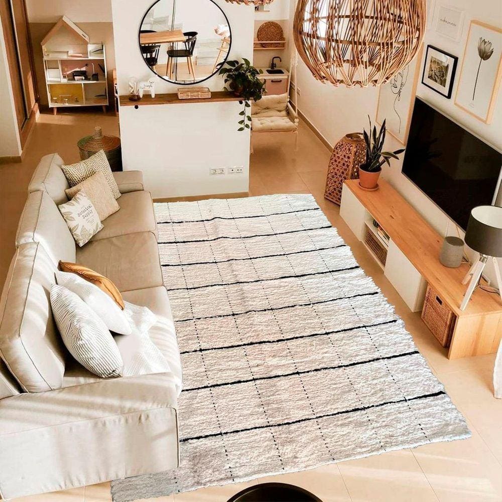 Tapete Para Sala Bordado Grid Cru 1.50X2.00 Boho Chic