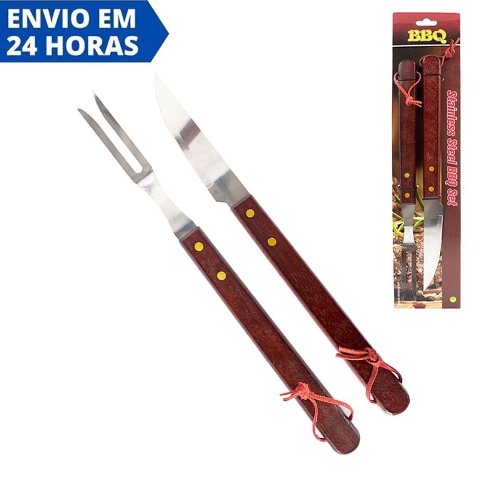 Kit Churrasco Garfo e Faca Cabo de Madeira BBQ
