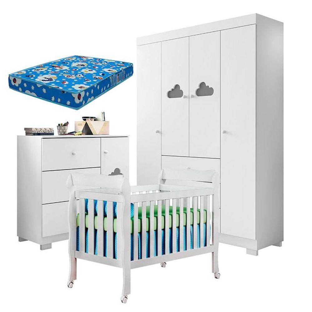 Quarto de Bebê Ane com Berço Americano Lila Branco Brilho e Colchão Ortobom - Phoenix Baby