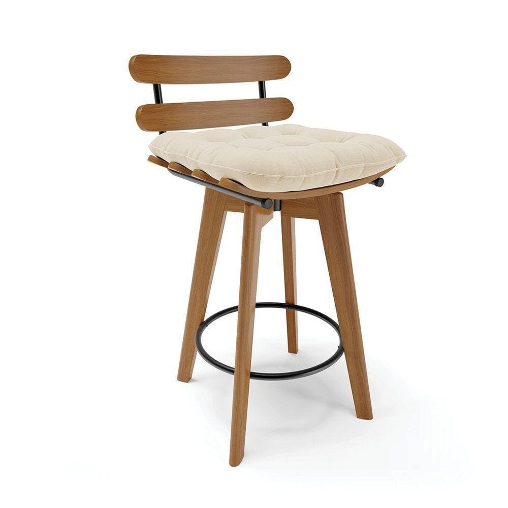 Banqueta Giratória Costela Linho Base Madeira Bege