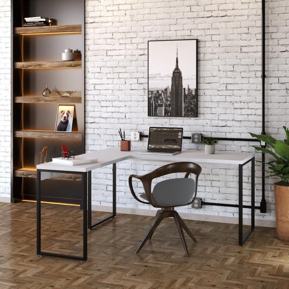 Mesa Em L Diretor 150X150X75Cm Branco Chess / Est.Preta