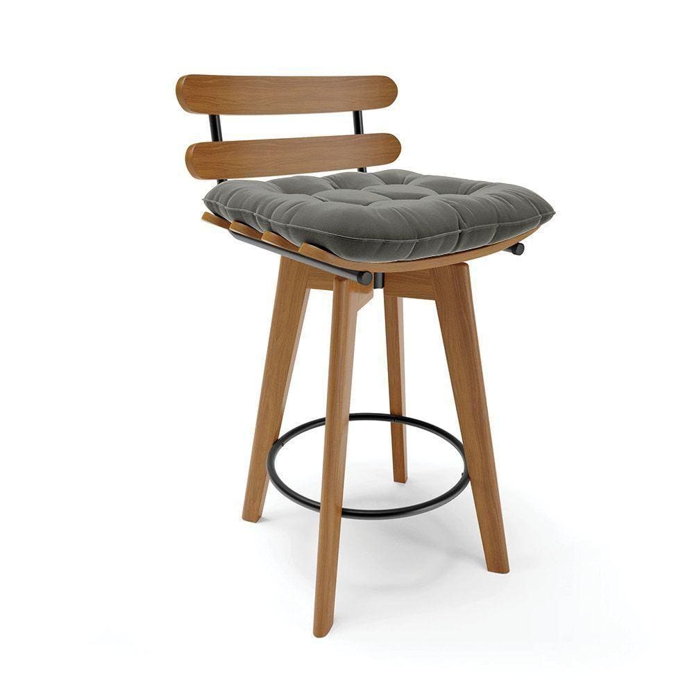 Banqueta Giratória Costela Suede Base Madeira Grafite