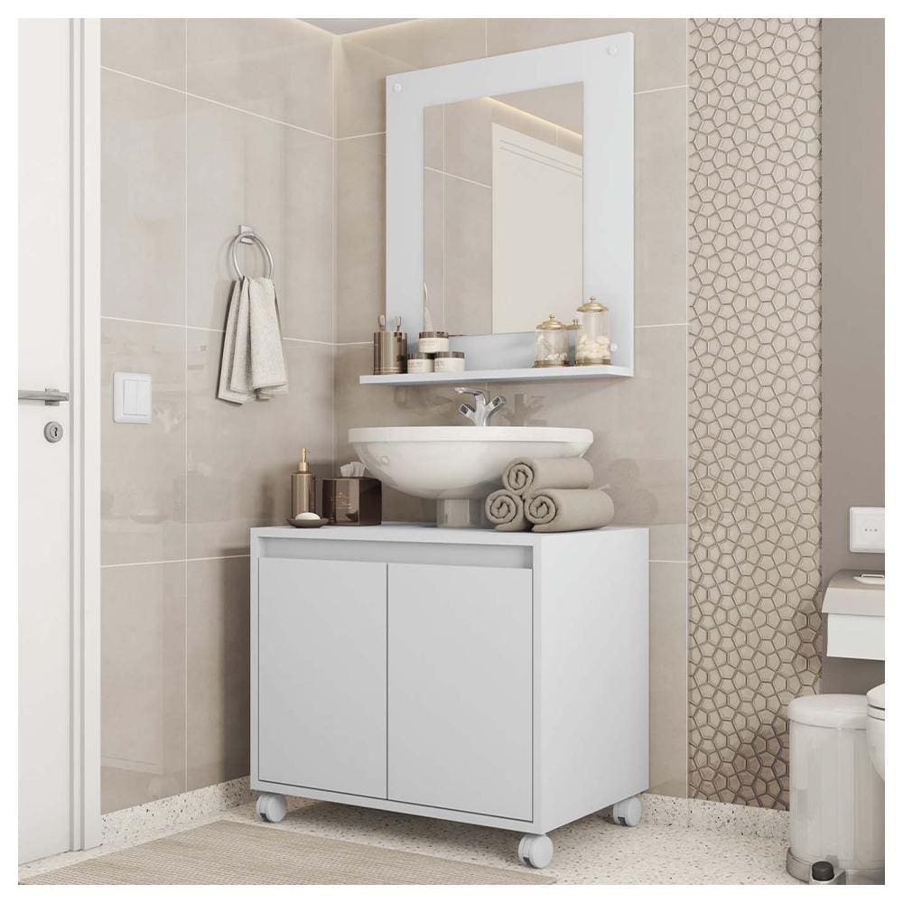 Kit Conjunto Gabinete Armario Banheiro Espelho Clean Branco