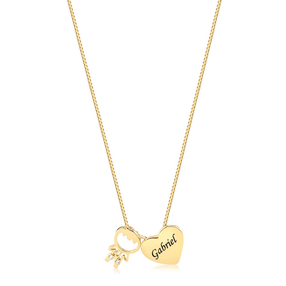 Colar Personalizado Com Pingente Coração Com Nome E Pingente Menino Banhado Em Ouro 18K