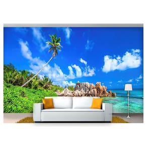 Papel De Parede Praia Mar Coqueiro Pedras 3D Npr191