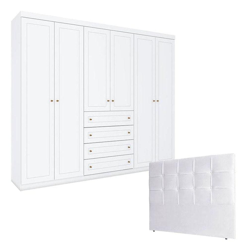Guarda Roupa Casal Americano com Cabeceira Luiza 140 cm Branco - Henn