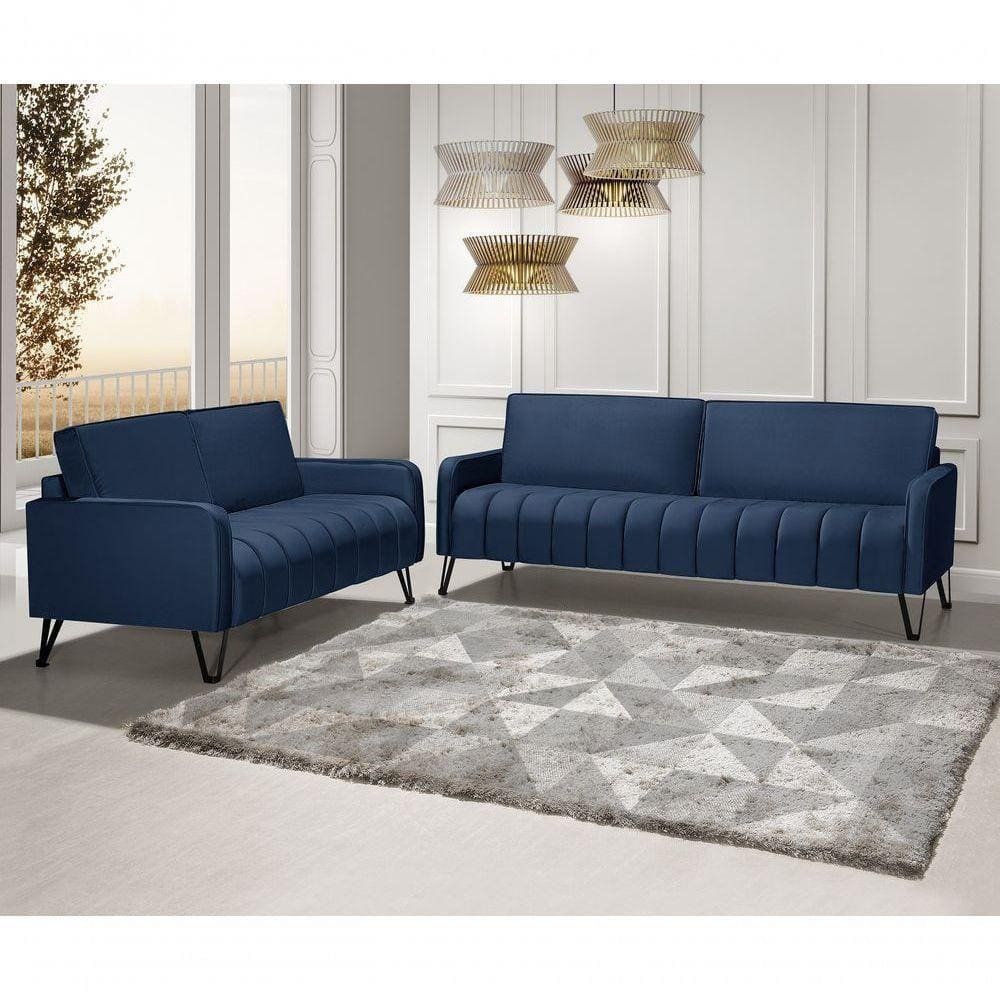 Sofá 3 e 2 Lugares Savana 2,20/1,58 Pé De Ferro Veludo Azul