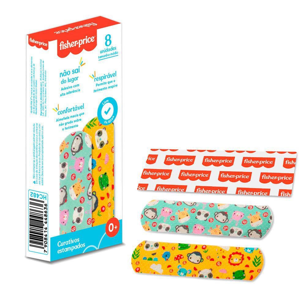Caixa de Curativos Estampados Infantil 8 Unidades 2 Estampas Alta Aderência Fisher Price