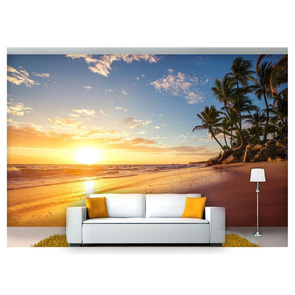 Papel De Parede Praia Mar Por Do Sol Coqueiro Npr203