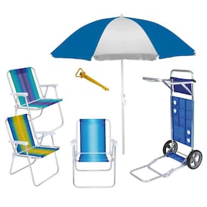 Kit Praia Carrinho Com Avanço + 3 Cadeira Alumínio Alta + Guarda Sol 1,8m + Saca Areia - Mor