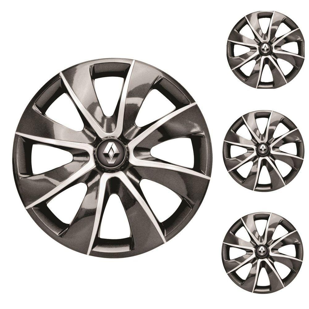 Jogo Calota Aro 14 Prime Graphite Silver Elitte Grafite Prata + Emblema Resinado Renault (Sandero Logan Clio Scenic Megane Kwid)