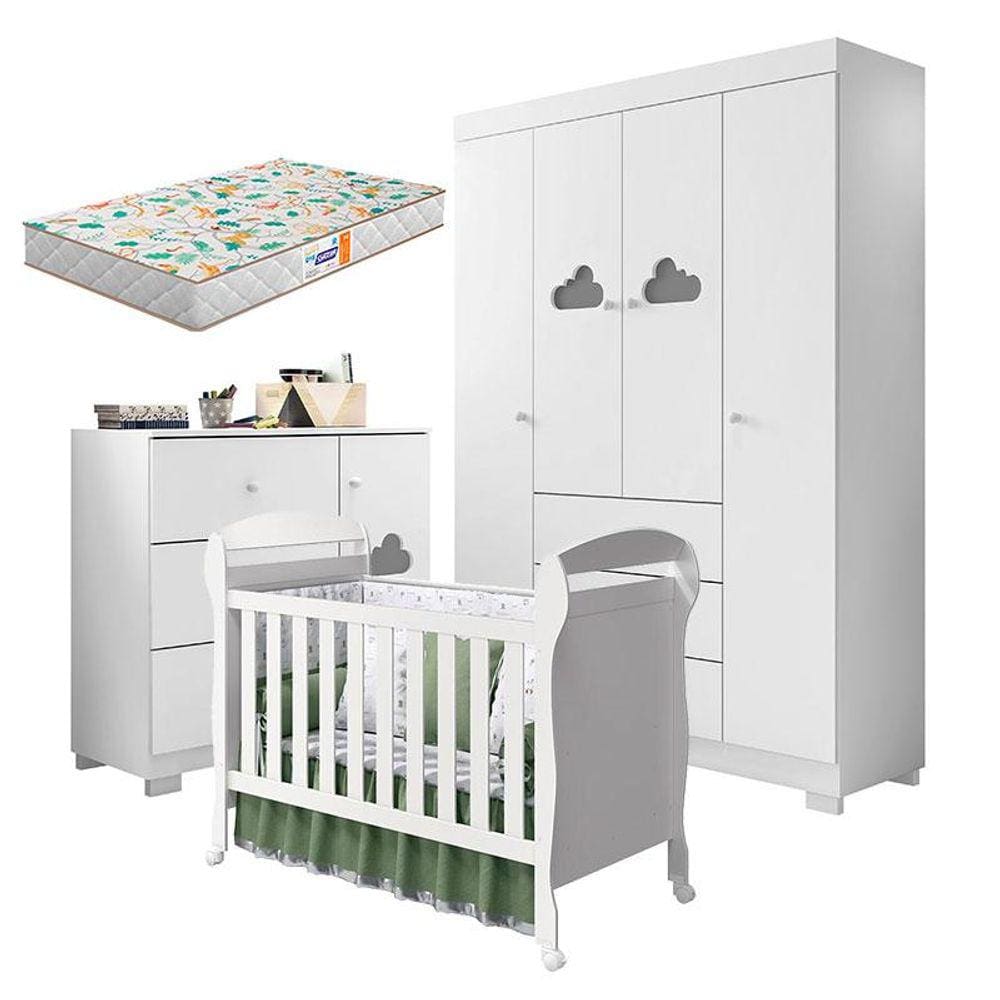 Quarto de Bebê Ane com Berço Americano Danny Branco Brilho e Colchão Gazin - Phoenix Baby