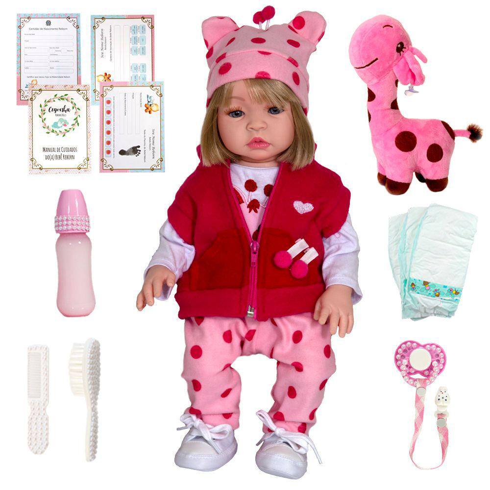 Boneca Reborn Bebe Reborn Menina 100% Silicone + Girafinha