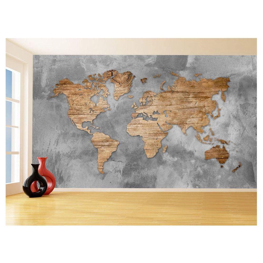 Papel De Parede 3D Mapa Mundi Madeira Concreto 3,5M Nmu44