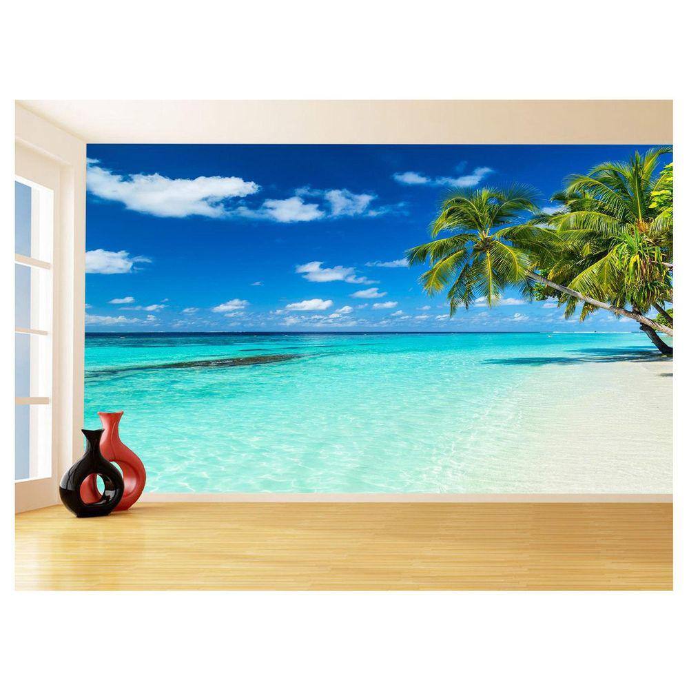Papel De Parede Coqueiros Praia Mar Azul Água 3,5M Npr261