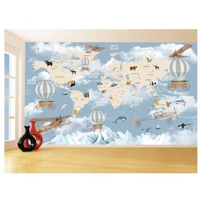 Papel De Parede 3D Mapa Mundi Kids Avião Balão 3,5M Nmu88
