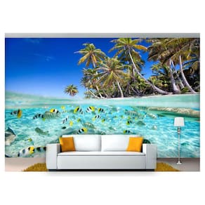 Papel De Parede Praia Mar Coqueiros Peixes 3D Npr242
