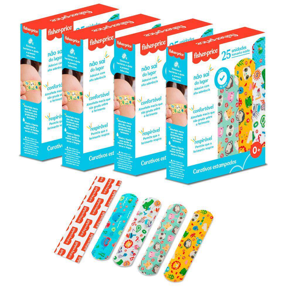 Kit 100 Curativos Estampados Respiráveis Alto Aderente Coloridos Almofada Protetora Fisher Price