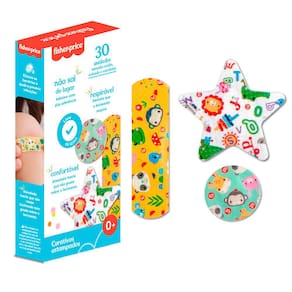 Curativos Estampados Infantis 3 Tamanhos Almofada Protetora Alto Aderente 30 Unidades Fisher Price