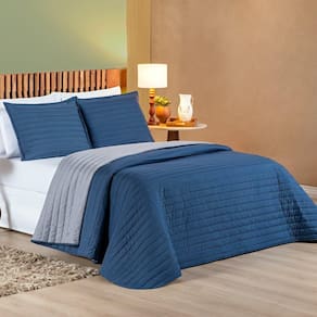 Cobre Leito Queen Mult Colors Dupla Face Micropercal 200 Fios 3 Peças - Marinho/Cinza