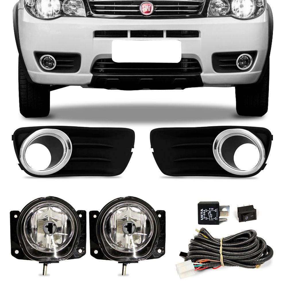 Kit Farol de Milha Palio Way Economy com Grade Moldura Preto Aro Cromado Auxiliar Neblina