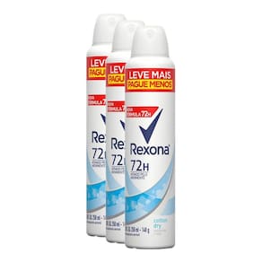 Kit 3 Desodorantes Antitranspirante Aerosol Feminino Rexona Cotton Dry 72 horas 250ml