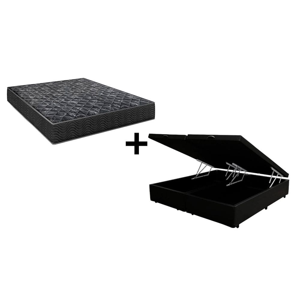 Cama Box Baú King 193 Bipartido Tecido Sintético Preto com Colchão Lisboa Espuma D28 Preto