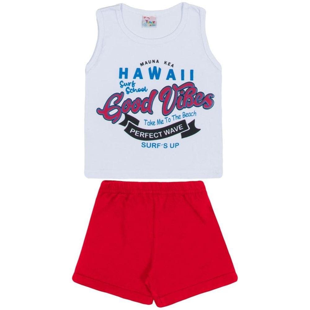 Conjunto curto bebê camiseta regata branco estampada good vibes e shorts em moletinho vermelho liso