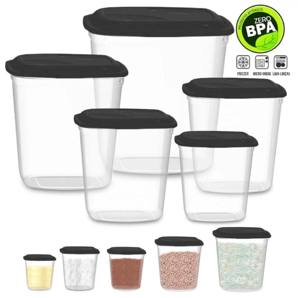 Kit 05 Porta Mantimentos Com Tampa 5 Peças Preta