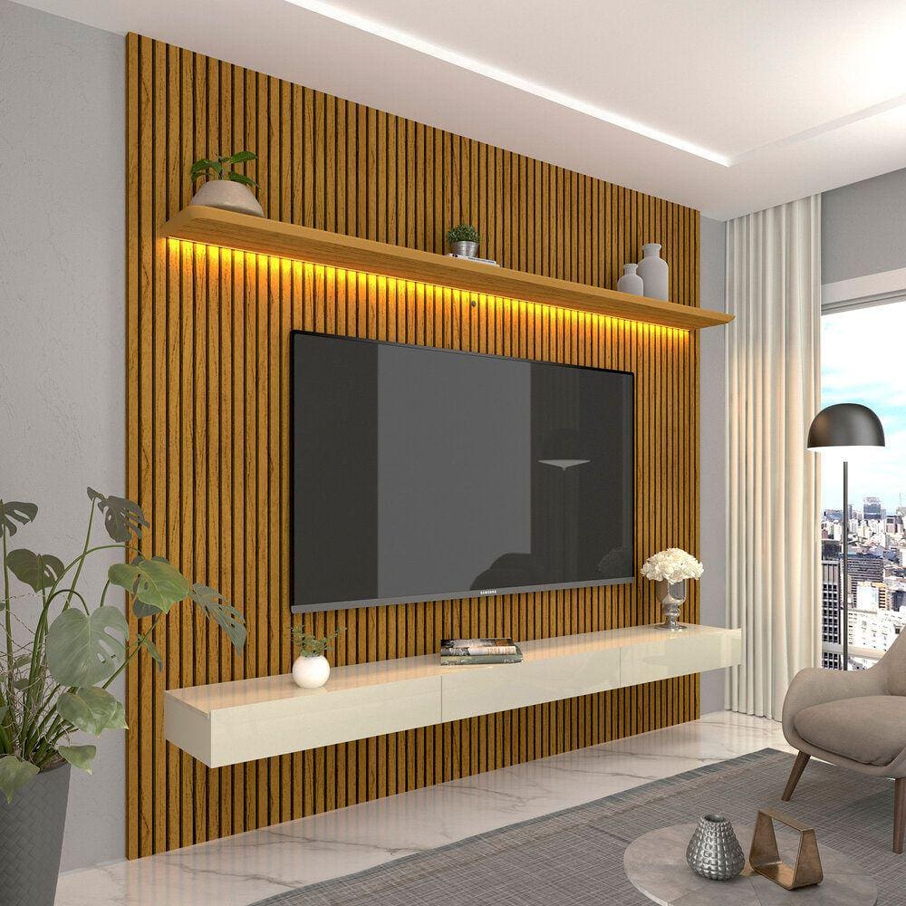 Home para TV Ripado com LED Requinte 220 Naturale Off White - Gelius