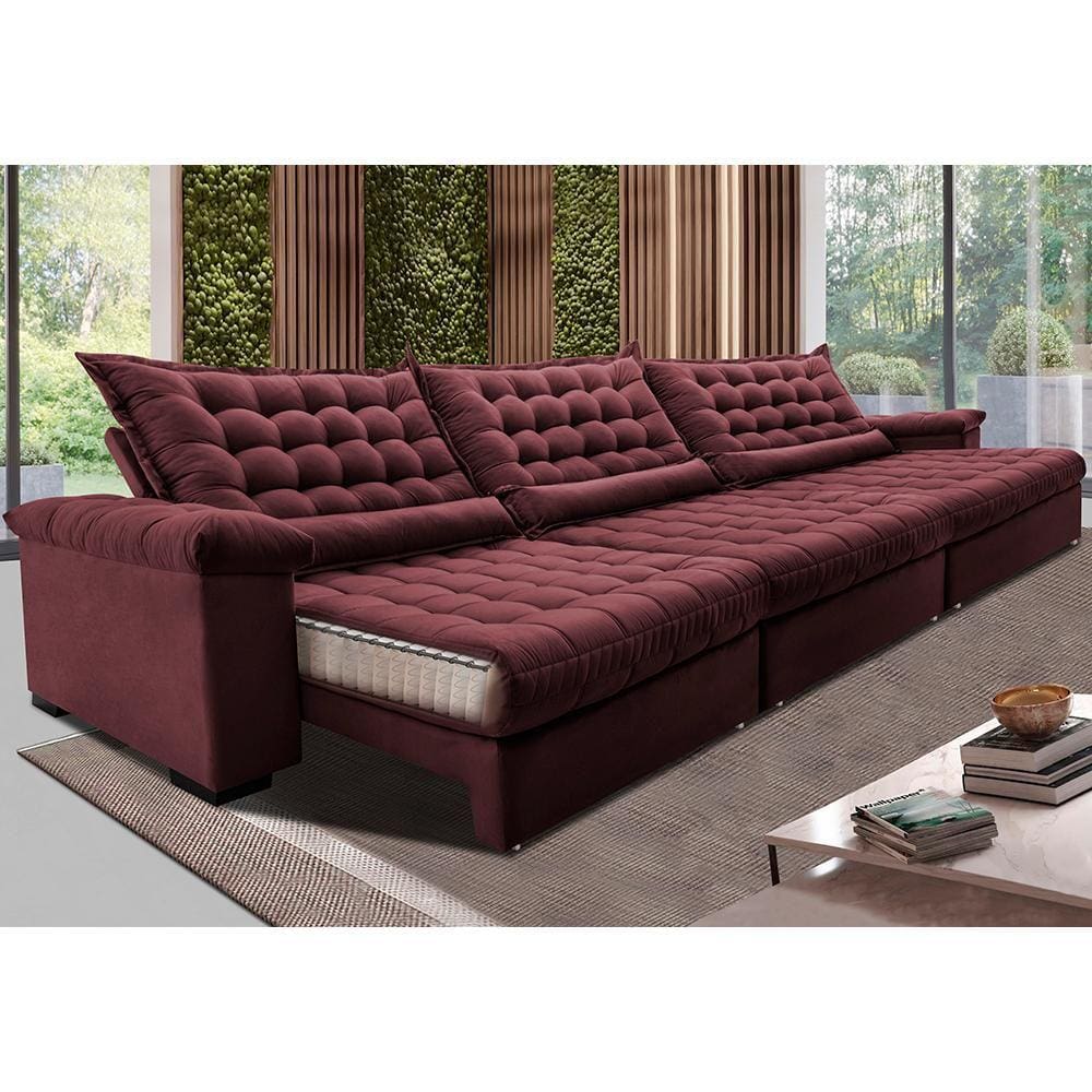 Sofá Retrátil e Reclinável 3,85m Molas Ensacadas Cama inBox Big Space. com Bordado 3D Velusoft