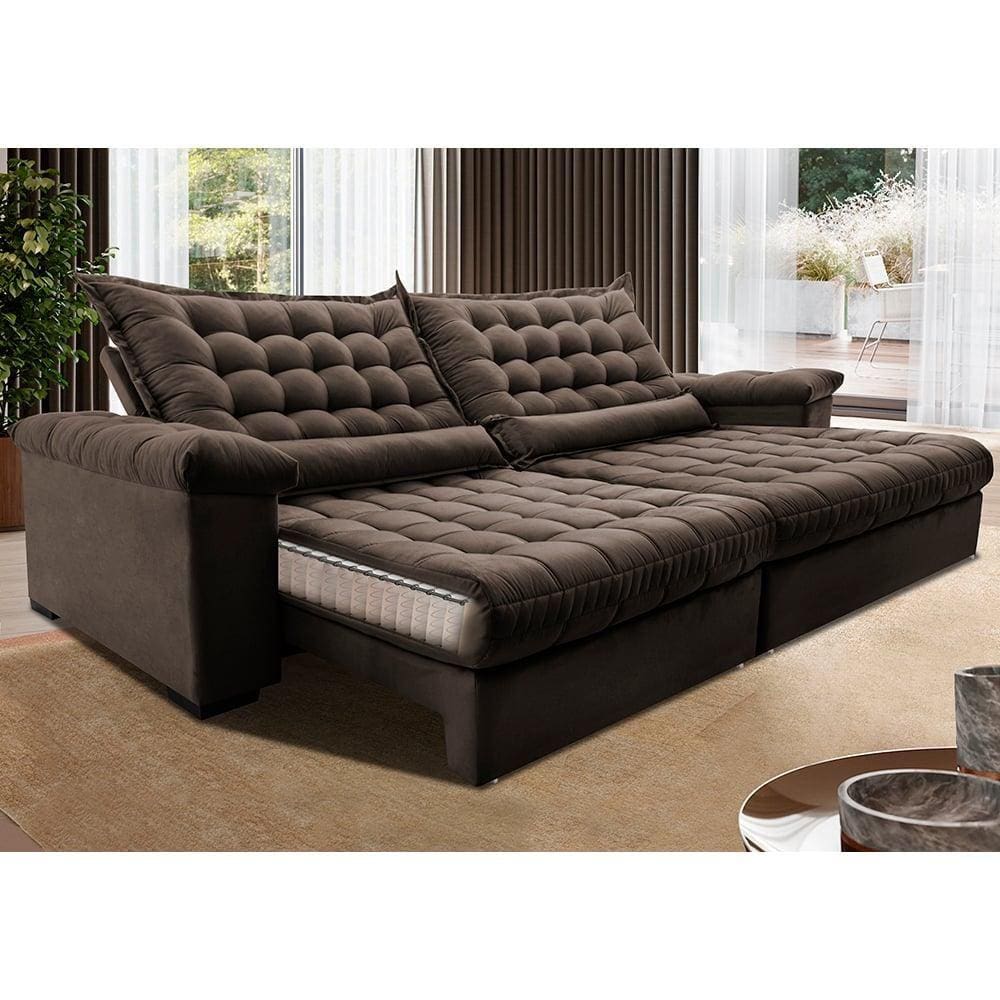 Sofá Retrátil e Reclinável 2,15m Molas Ensacadas Cama inBox Big Space. com Bordado 3D Velusoft