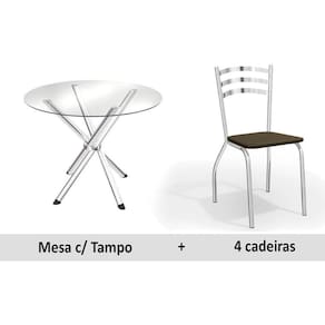 Conjunto: Mesa Sala Jantar Volga c/ Tampo Vidro 95cm + 4 Cadeiras Portugal Cromado/Courano Marrom - Kappesberg