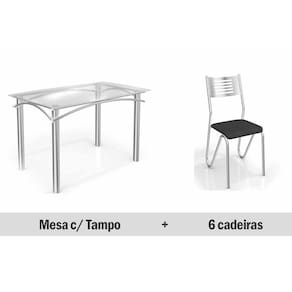 Conjunto: Mesa Sala Jantar Elba c/ Tampo Vidro 140cm + 6 Cadeiras Nápoles Cromado/Courano Preto - Kappesberg