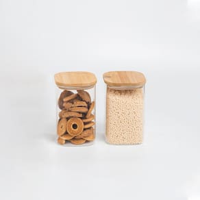 Kit pote hermético vidro quadrado tampa bambu 2 pçs Oikos