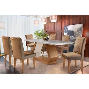 Conjunto: Mesa Sala Jantar Alvorada Tampo Madeirado 180cm Canto Reto + 6 Cadeiras Jade Imbuia/Chocolate - Rufato