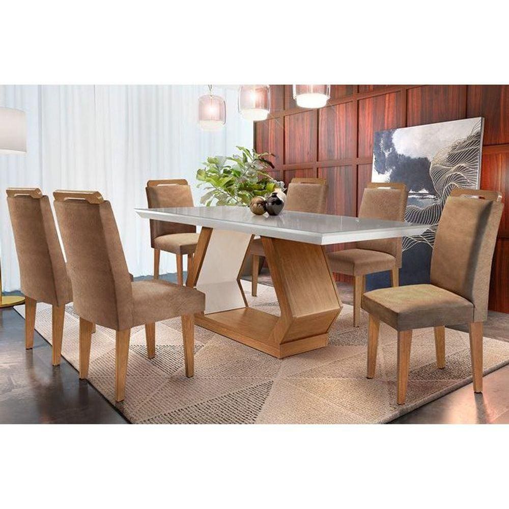 Conjunto: Mesa Sala Jantar Alvorada Tampo Madeirado 180cm Canto Reto + 6 Cadeiras Athenas Imbuia/Chocolate - Rufato