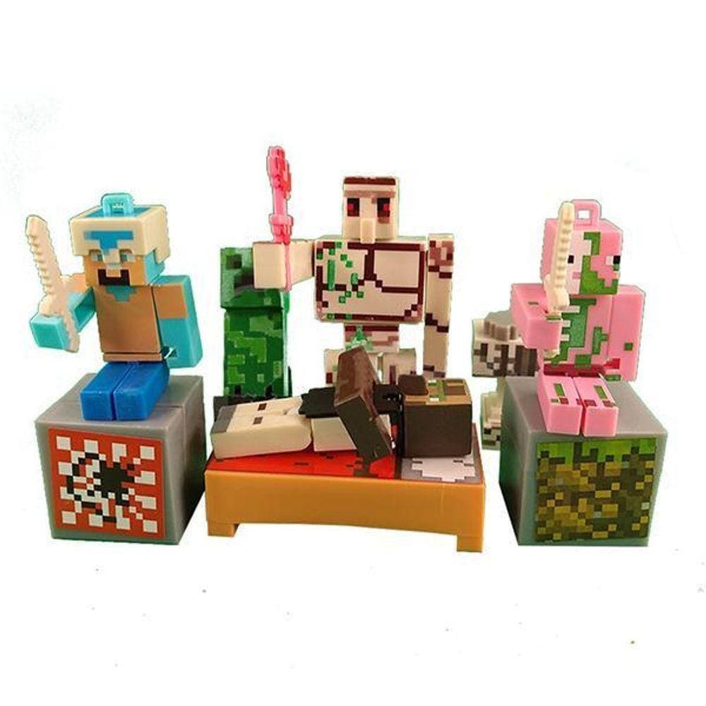 Kit Cartelado Conj. Minecraft 2 Bonecos+1 Villager+1 Enderman+1 Creeper+1 Cama+Espadas