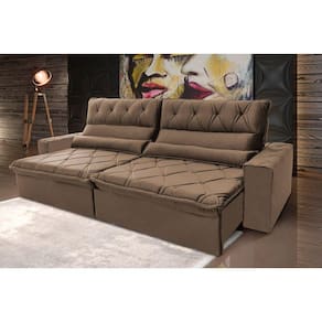 Sofá Retrátil Reclinável França 2,50m Suede Velut Bege c/ Molas no Assento - King House