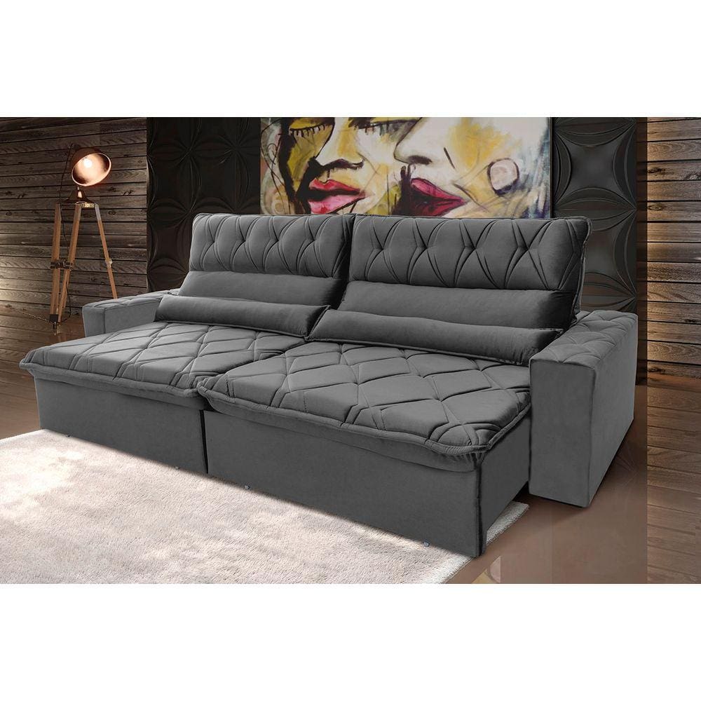 Sofá Retrátil Reclinável França 2,30m Suede Velut Cinza c/ Molas no Assento - King House