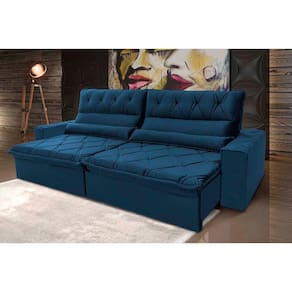 Sofá Retrátil Reclinável França 2,70m Suede Velut Azul Marinho c/ Molas no Assento - King House