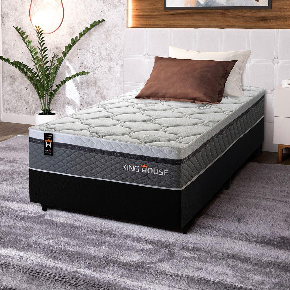 Conjunto Cama Box c/ Molas Ensacadas Benton Cinza Solteiro 96x203x71