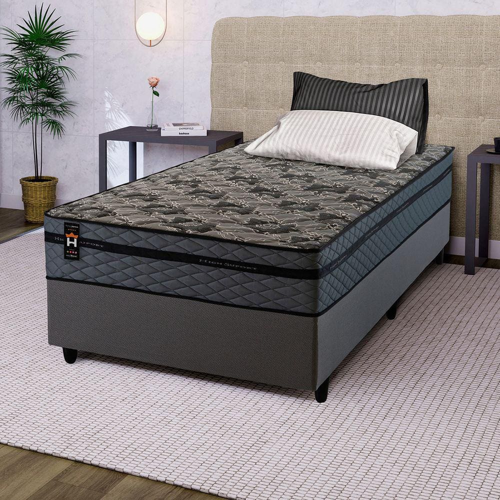 Conjunto Cama Box c/ Molas Ensacadas Montreal Cinza Solteiro 96x203x64