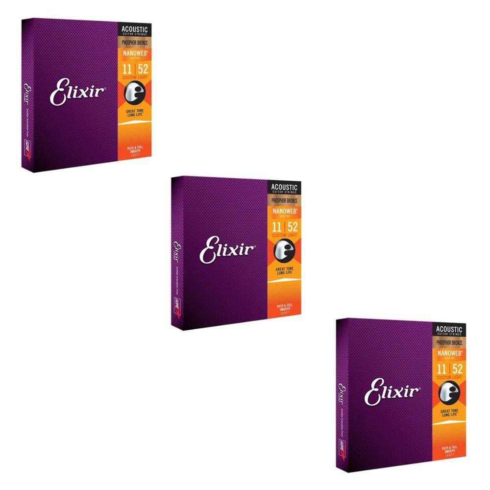 Kit 3 Encordoamento Violão Aço 011 Elixir Phosphor Bronze 16027 Made in USA