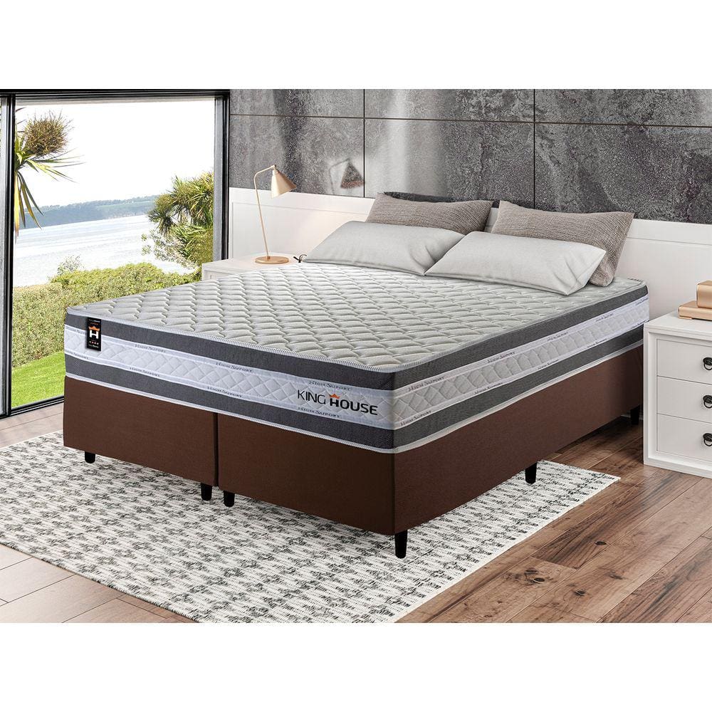 Conjunto Cama Box c/ Molas Ensacadas Alpine Cinza King 193x203x65