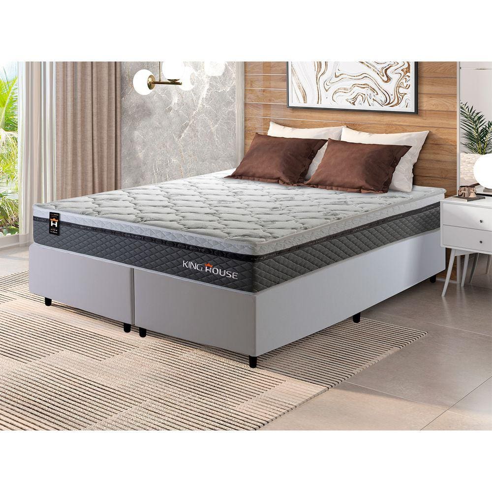 Conjunto Cama Box c/ Molas Ensacadas Benton Cinza King 193x203x71