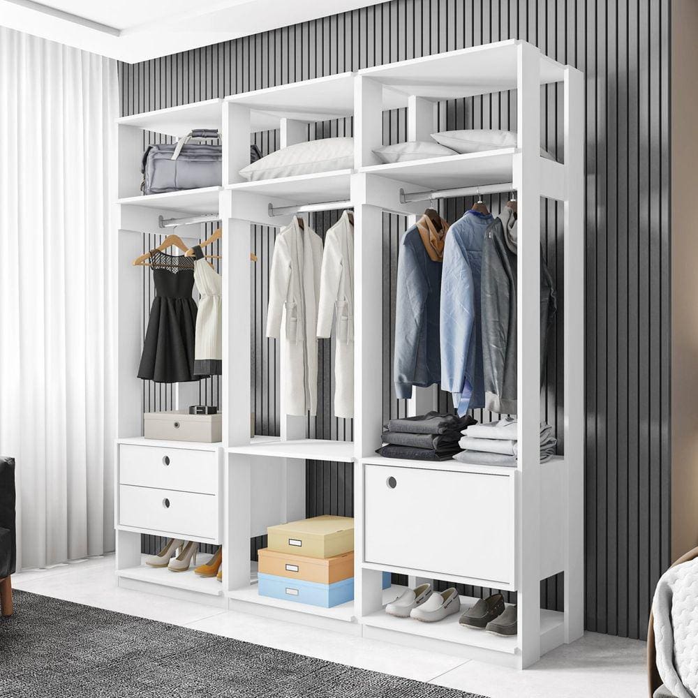 Conjunto Closet Modulado com 3 Cabideiros 1 Porta 2 Gavetas Titan Espresso Móveis Branco Velluto