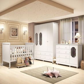 Quarto de Bebê Completo Guarda Roupa 4 Portas Cômoda com Janelas 4 Berço 2 em 1 Espresso Móveis Branco Brilho